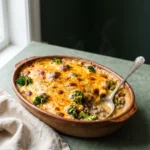 Keto ground beef broccoli casserole baked in an oval stoneware dish under a browned cheddar top
