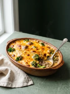 Keto ground beef broccoli casserole baked in an oval stoneware dish under a browned cheddar top