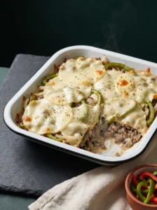 Keto philly cheesesteak casserole baked under melted provolone with green pepper strips showing through