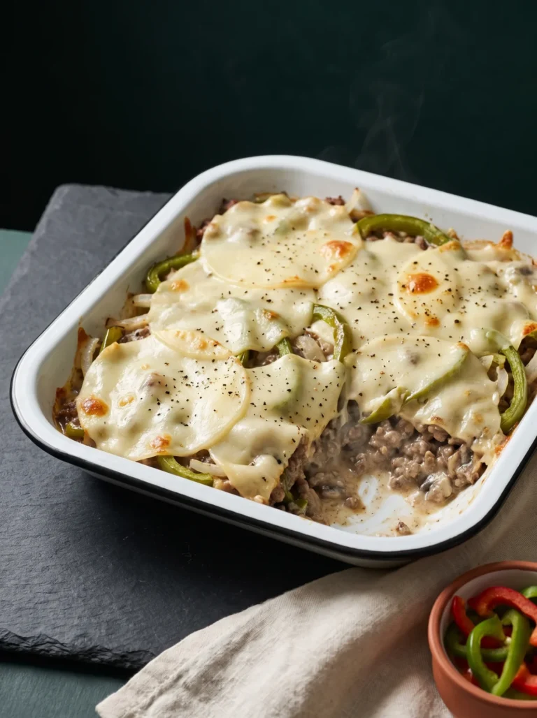 Keto philly cheesesteak casserole baked under melted provolone with green pepper strips showing through
