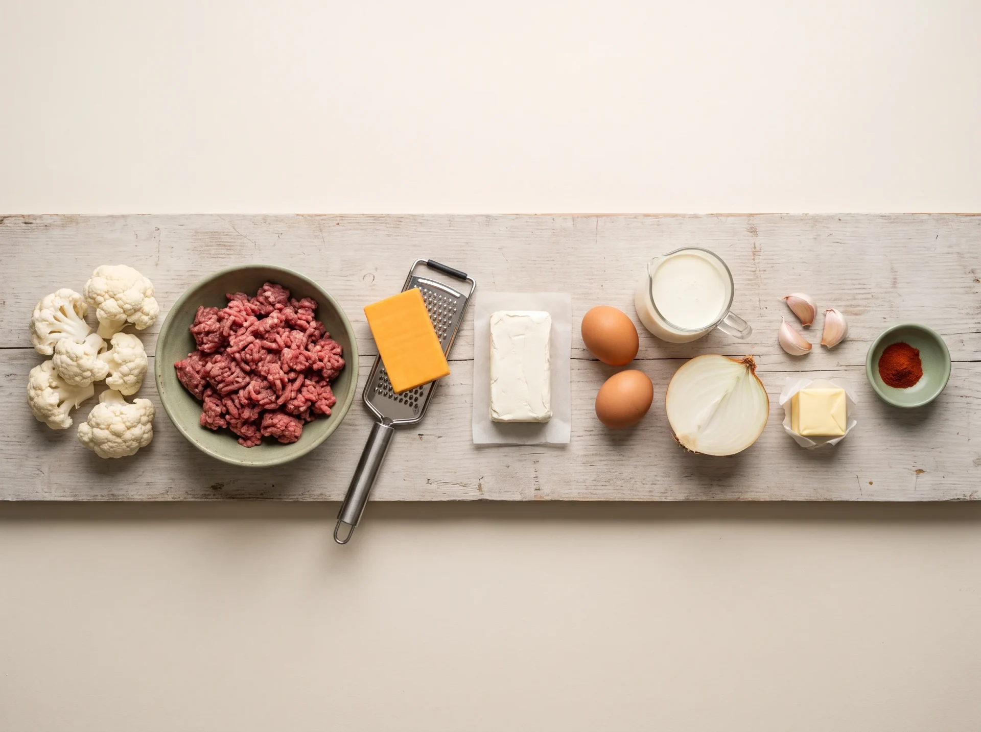 Raw cauliflower, ground beef, cheddar, cream cheese, eggs and cream laid out on a wooden board