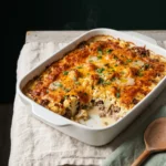 Keto ground beef cauliflower casserole baked in a white dish with a browned cheddar top
