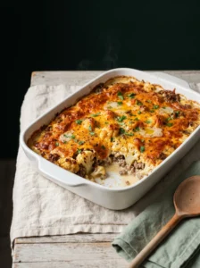 Keto ground beef cauliflower casserole baked in a white dish with a browned cheddar top