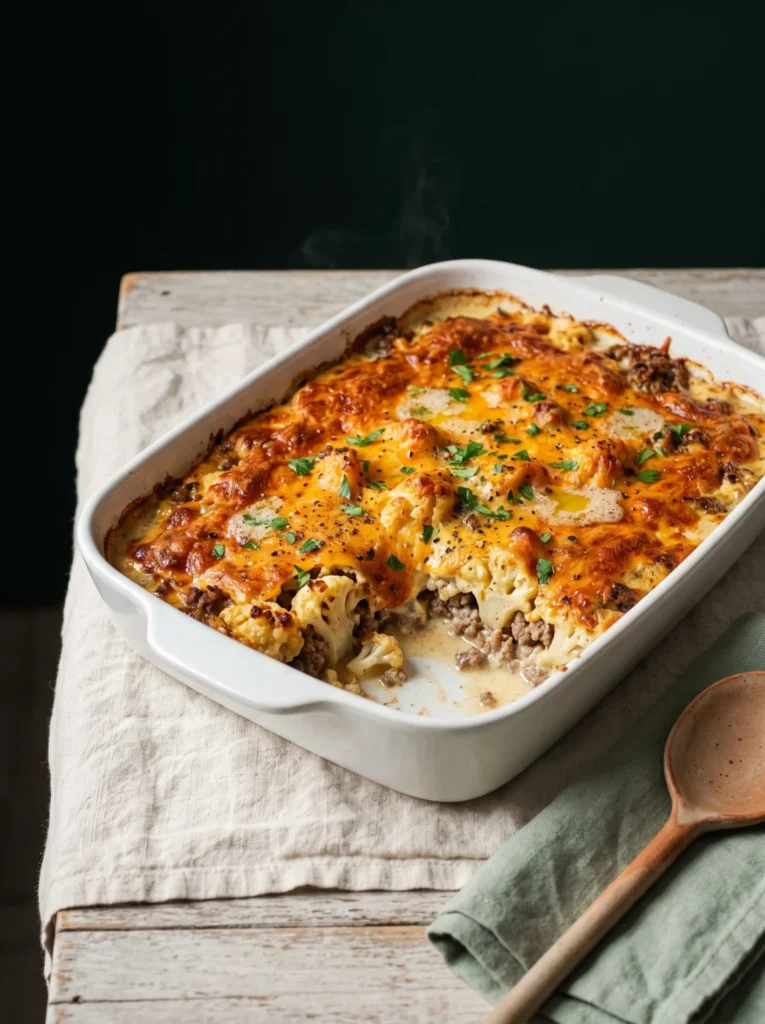 Keto ground beef cauliflower casserole baked in a white dish with a browned cheddar top