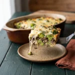 A square of cheesy beef and broccoli casserole lifted on a spatula onto a clay plate