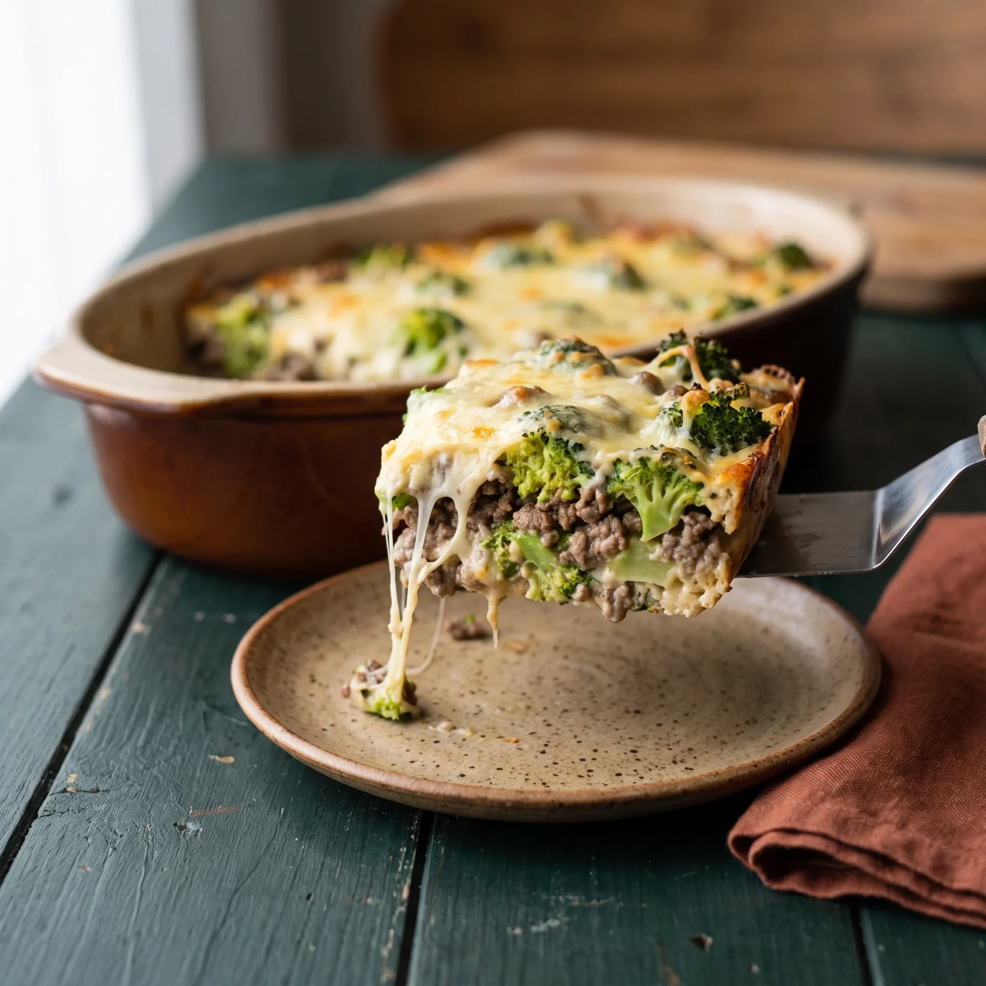 A square of cheesy beef and broccoli casserole lifted on a spatula onto a clay plate