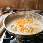 Shredded cheddar being whisked into reduced cream in a stainless saucepan to make a keto cheese sauce