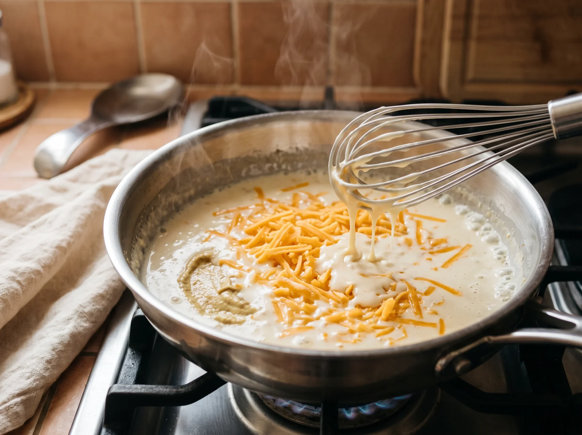 Shredded cheddar being whisked into reduced cream in a stainless saucepan to make a keto cheese sauce