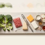 Raw broccoli crowns, ground beef, cheddar, parmesan, cream cheese and Dijon laid out on a board