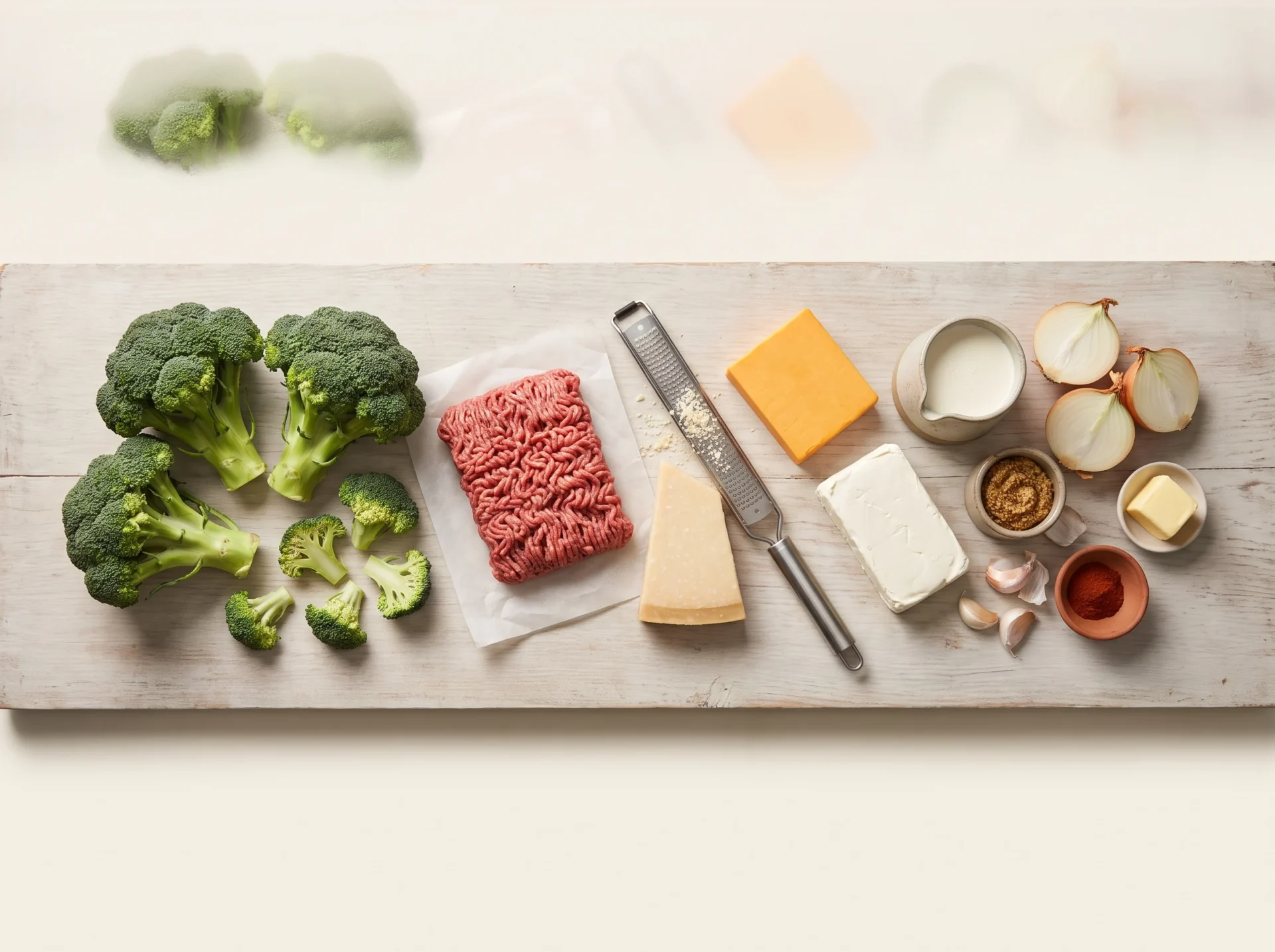 Raw broccoli crowns, ground beef, cheddar, parmesan, cream cheese and Dijon laid out on a board