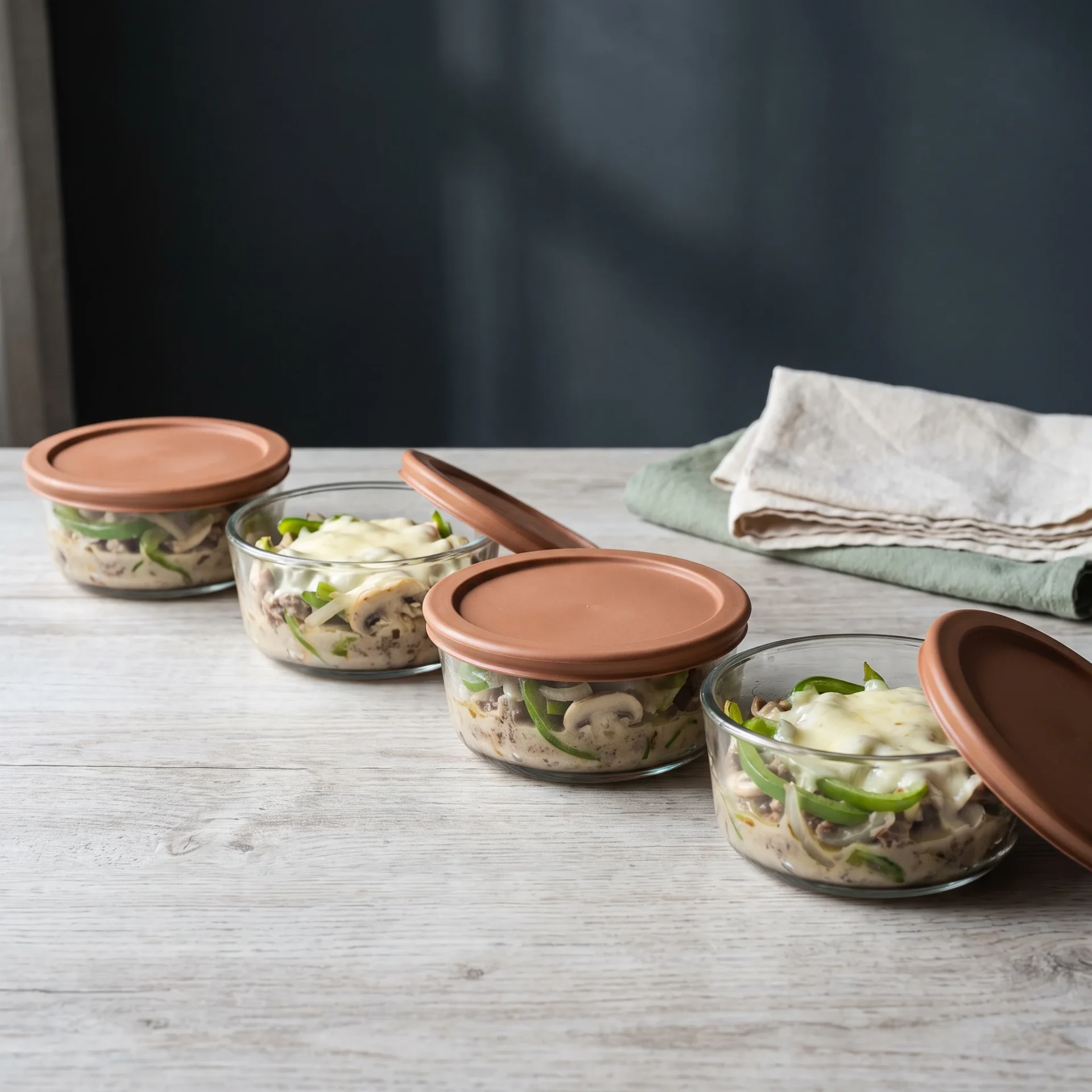 Portions of keto philly cheesesteak casserole boxed in round glass meal prep containers