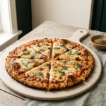 Frozen cauliflower rice pizza crust baked golden and cut into eight wedges on a pale ceramic board