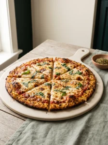 Frozen cauliflower rice pizza crust baked golden and cut into eight wedges on a pale ceramic board