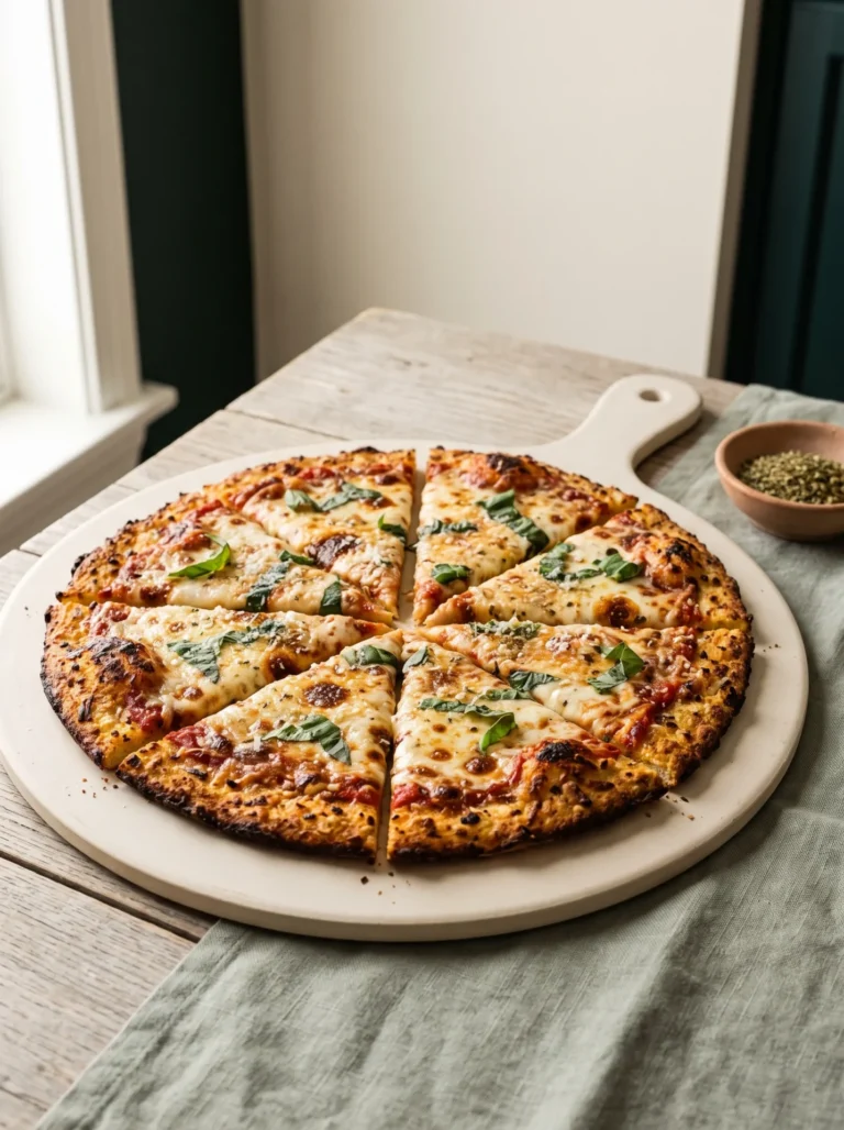 Frozen cauliflower rice pizza crust baked golden and cut into eight wedges on a pale ceramic board