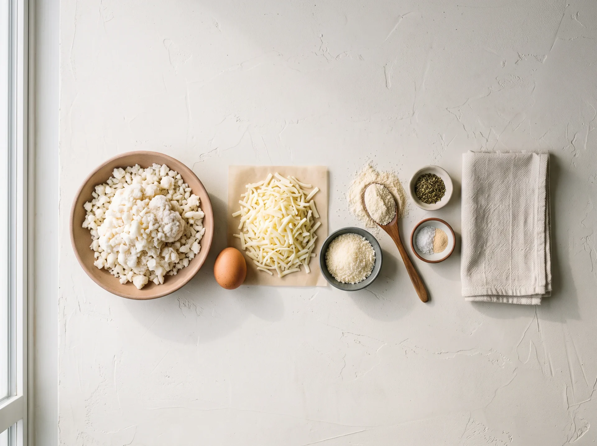 Frozen riced cauliflower, egg, mozzarella, Parmesan, almond flour and dried herbs laid out on pale plaster