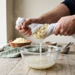 Steamed cauliflower rice wrung out in a twisted kitchen towel, cloudy liquid running into a glass bowl