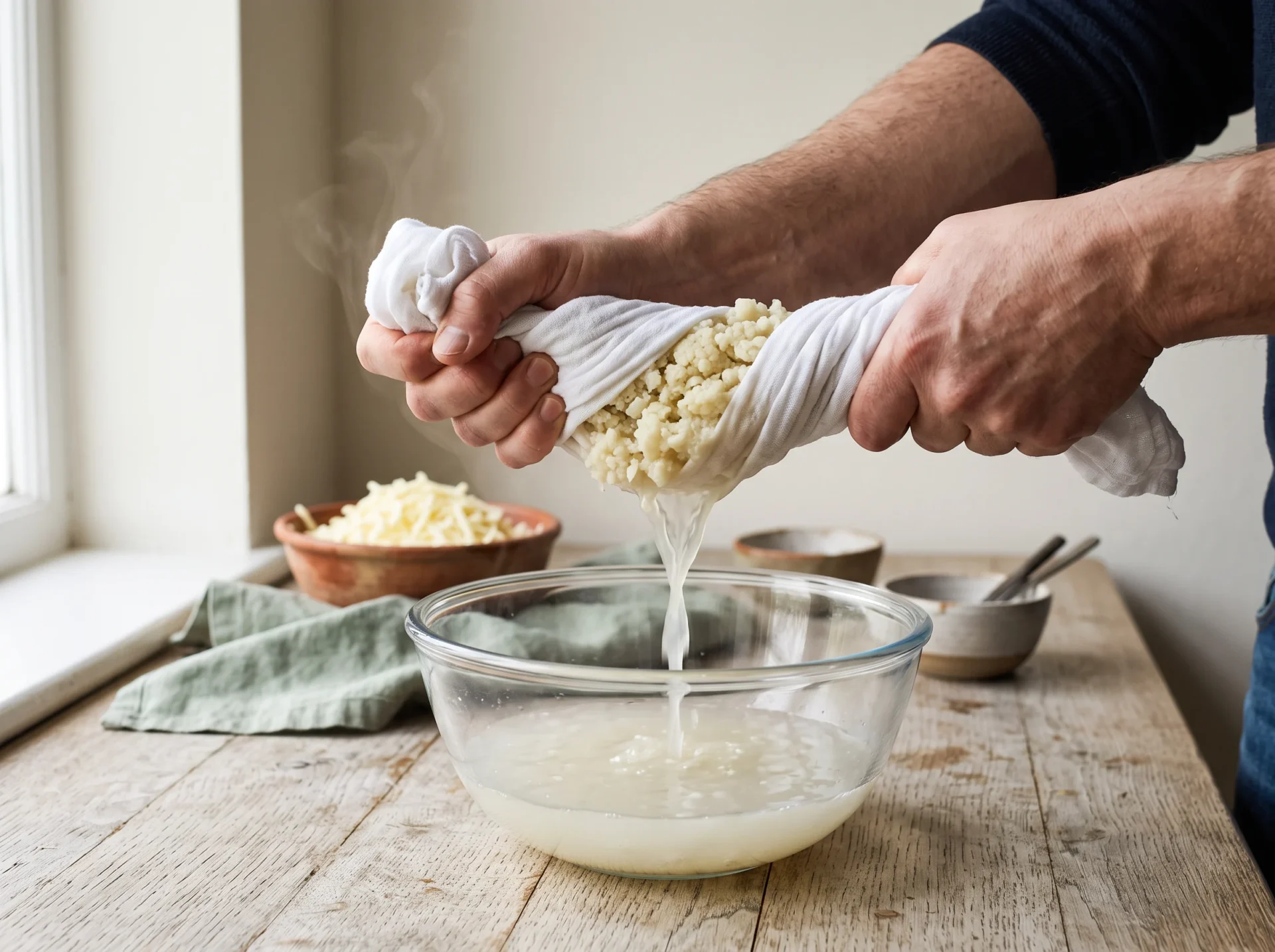 Steamed cauliflower rice wrung out in a twisted kitchen towel, cloudy liquid running into a glass bowl