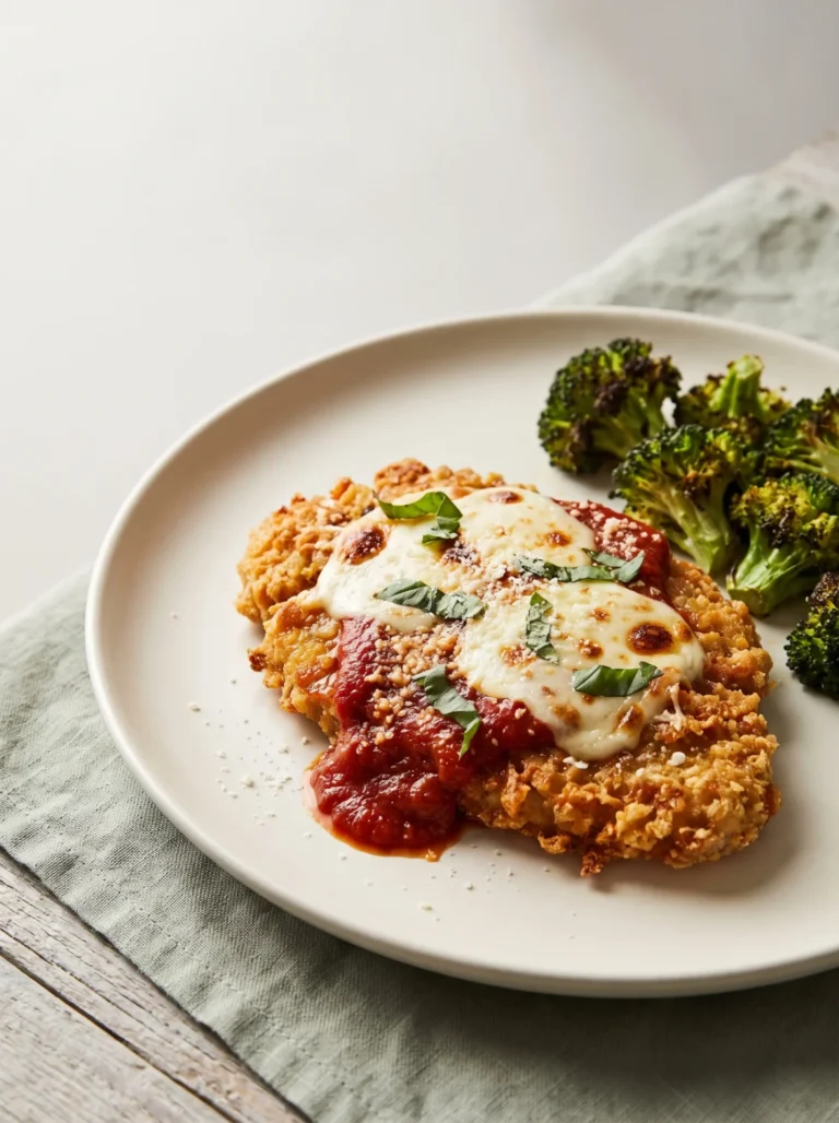 Keto chicken parmesan meal prep cutlet with a golden pork rind crust, melted mozzarella and roasted broccoli on a cream plate