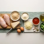 Raw chicken breasts, crushed pork rinds, parmesan, eggs, mozzarella, tomato sauce and broccoli on a sage linen runner