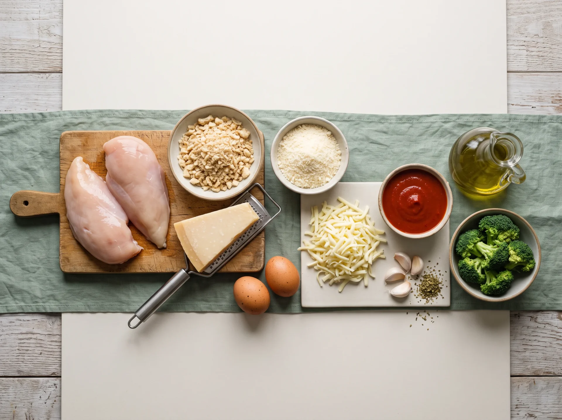 Raw chicken breasts, crushed pork rinds, parmesan, eggs, mozzarella, tomato sauce and broccoli on a sage linen runner