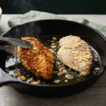 Two pork rind crusted chicken cutlets searing in a cast iron skillet, one flipped to a golden crust, tongs lifting its edge