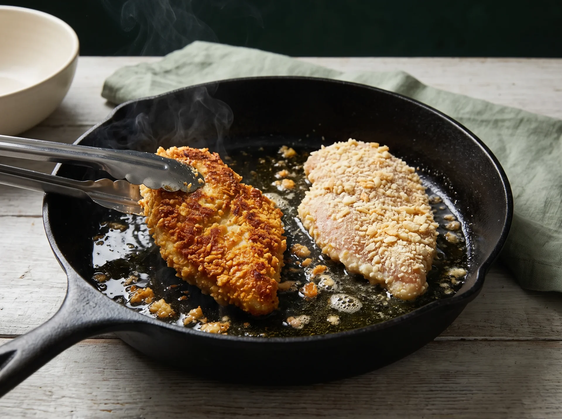Two pork rind crusted chicken cutlets searing in a cast iron skillet, one flipped to a golden crust, tongs lifting its edge