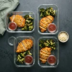 Four glass meal prep containers of sliced crusted chicken and roasted broccoli with tomato sauce in separate lidded pots