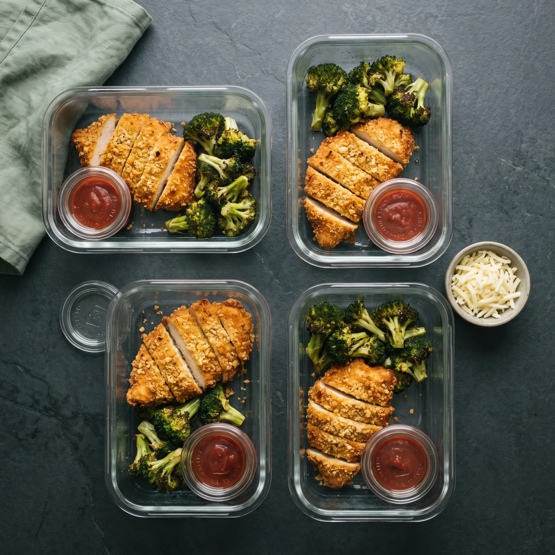 Four glass meal prep containers of sliced crusted chicken and roasted broccoli with tomato sauce in separate lidded pots