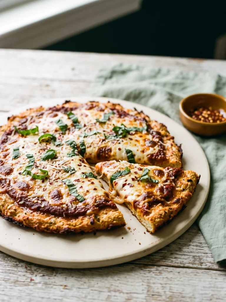 High protein chicken crust pizza sliced on a pale ceramic board, melted mozzarella and torn basil on top