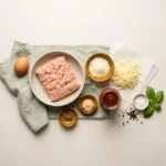 Raw ingredients for a chicken crust pizza: ground chicken, egg, Parmesan, mozzarella, marinara and basil