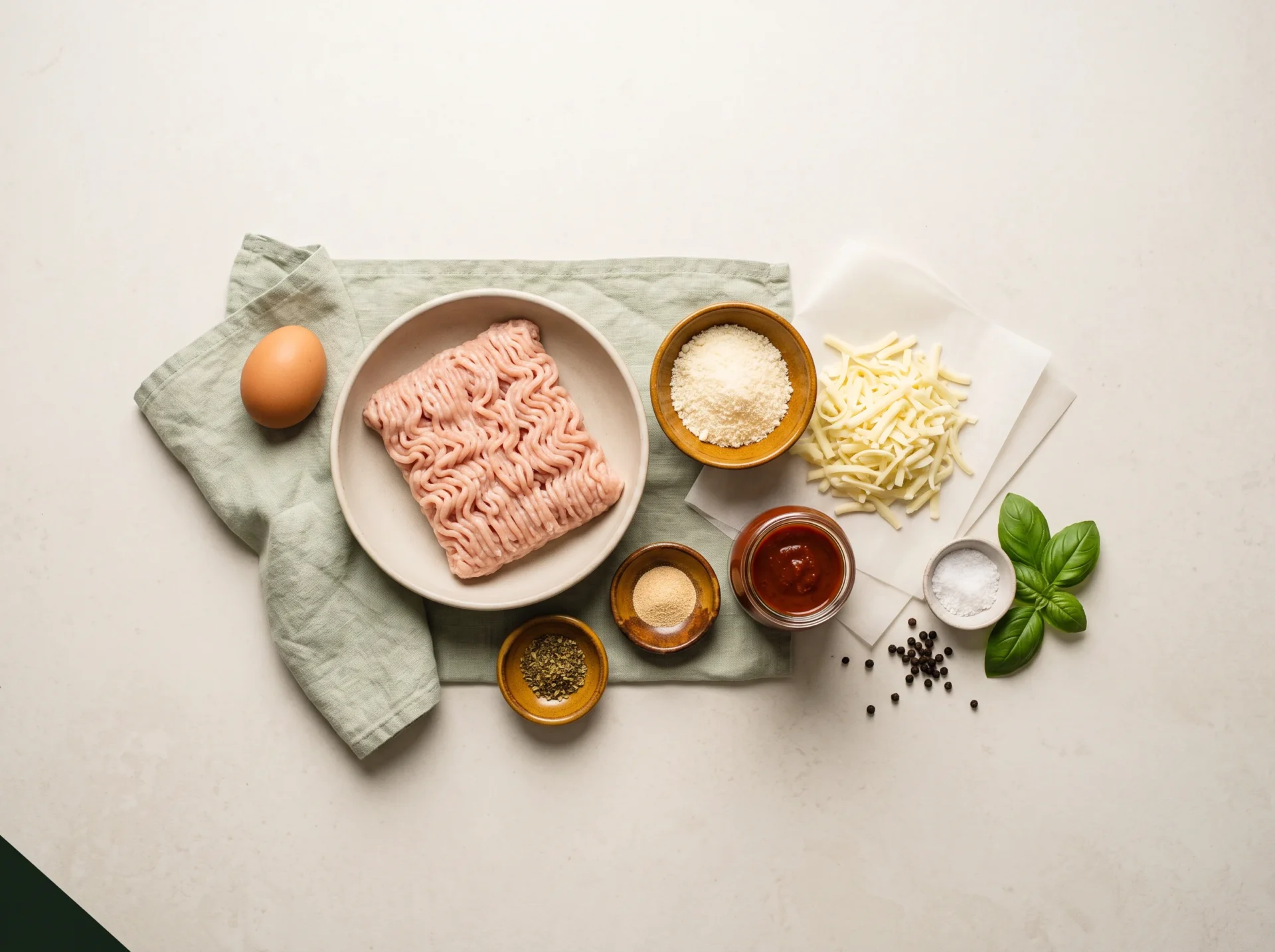 Raw ingredients for a chicken crust pizza: ground chicken, egg, Parmesan, mozzarella, marinara and basil