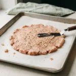 Raw ground chicken and Parmesan mixture pressed into a thin round on parchment with an offset spatula