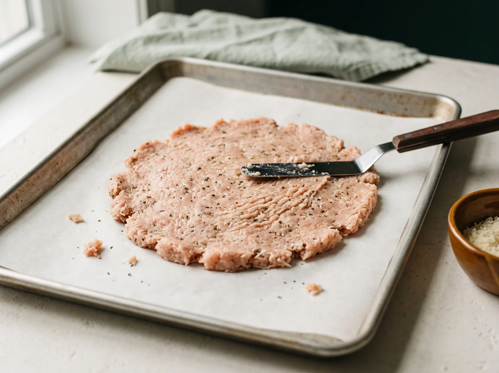 Raw ground chicken and Parmesan mixture pressed into a thin round on parchment with an offset spatula
