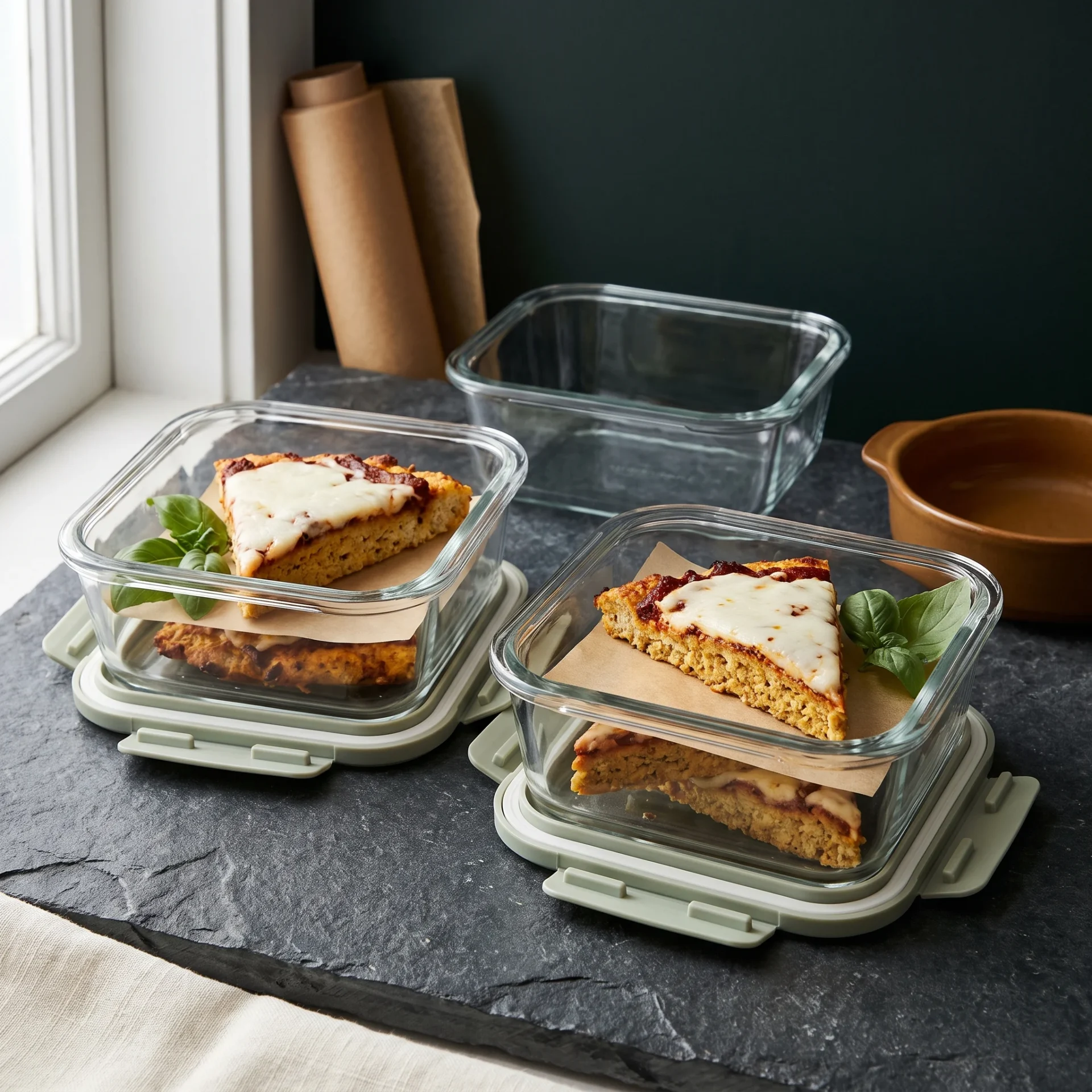 Cooled wedges of chicken crust pizza stacked with parchment in glass meal-prep containers