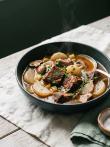 Keto beef stew with radishes in a dark bowl, braised beef, pale radish halves and mushrooms in a glossy broth