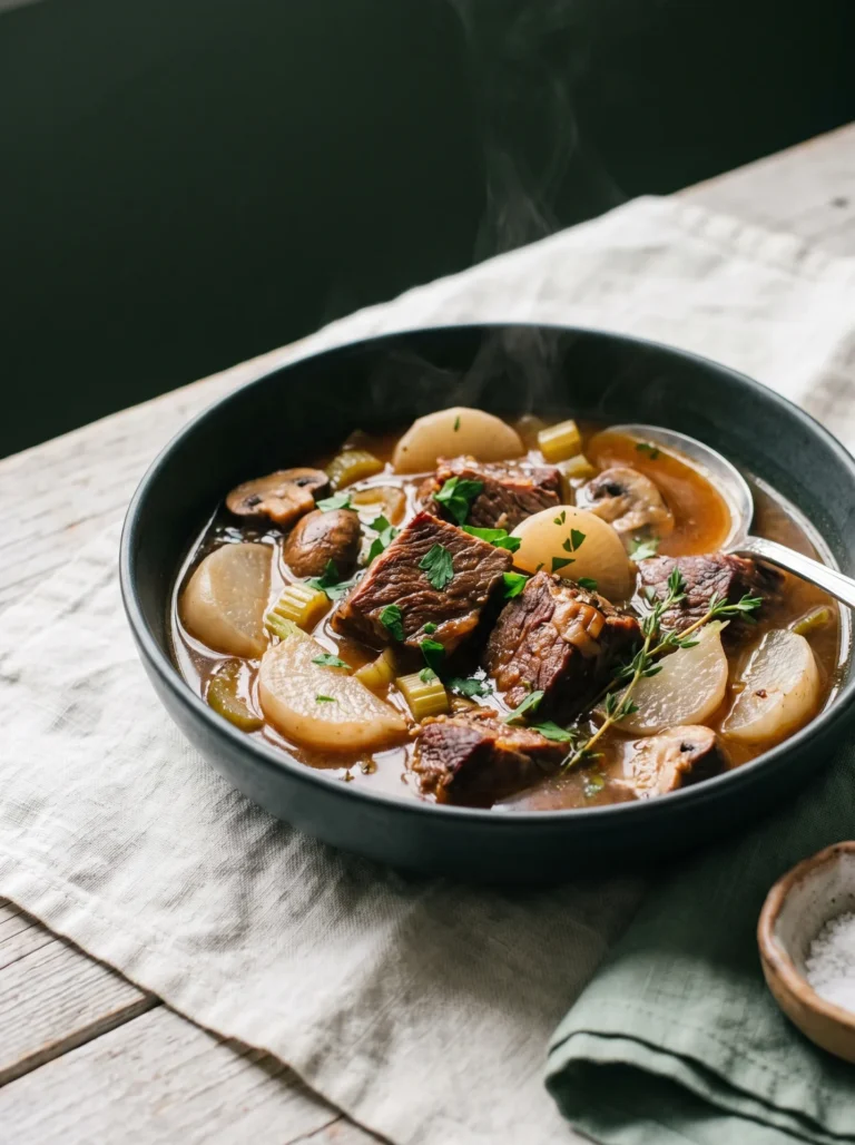 Keto beef stew with radishes in a dark bowl, braised beef, pale radish halves and mushrooms in a glossy broth