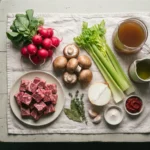 Raw ingredients for keto beef stew laid out on linen: cubed beef chuck, red radishes, mushrooms, celery and broth