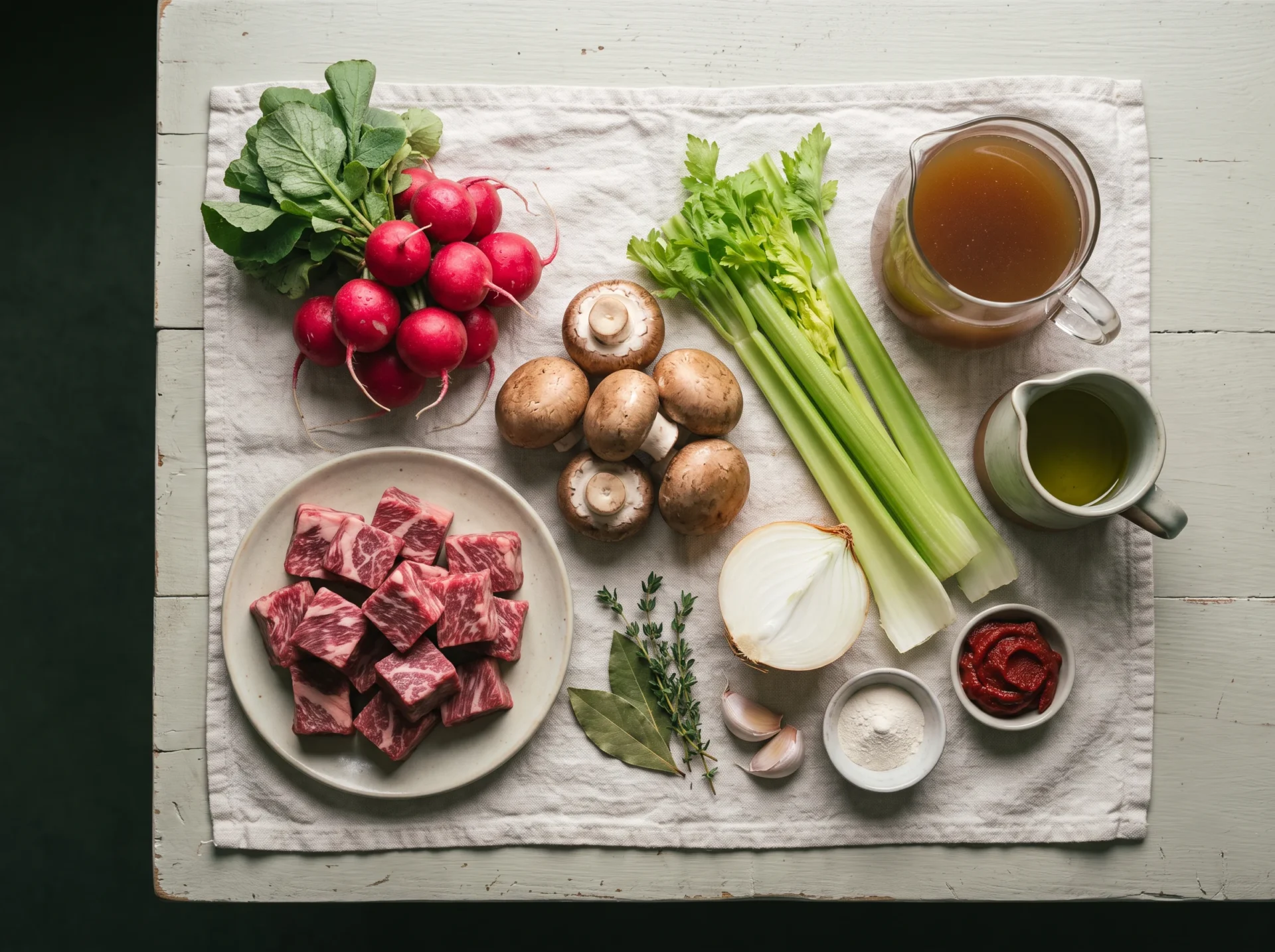 Raw ingredients for keto beef stew laid out on linen: cubed beef chuck, red radishes, mushrooms, celery and broth