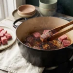 Cubes of beef chuck searing in a Dutch oven for keto beef stew, wooden tongs lifting one browned piece