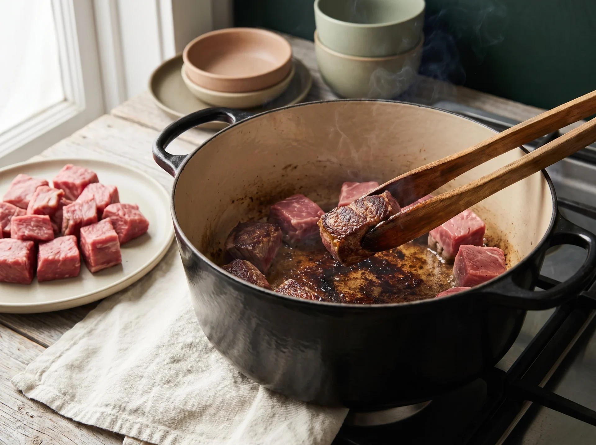 Cubes of beef chuck searing in a Dutch oven for keto beef stew, wooden tongs lifting one browned piece