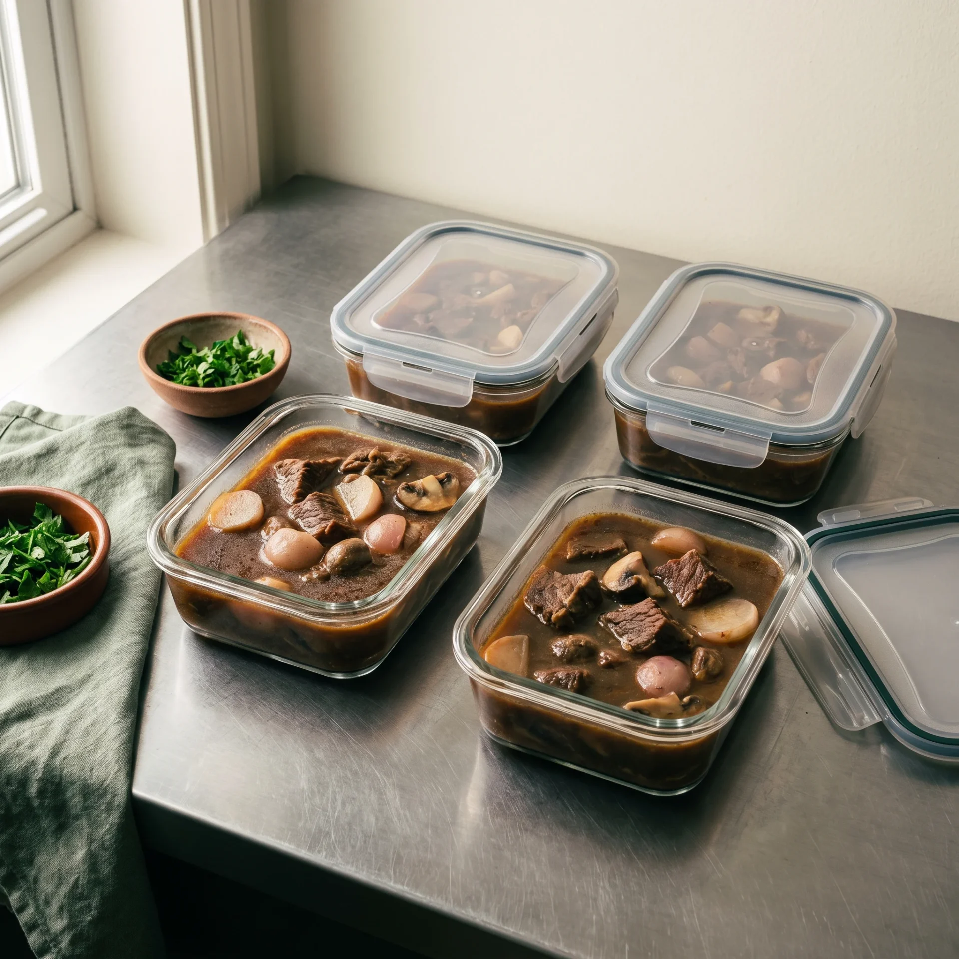 Keto beef stew portioned into four glass meal prep containers on a steel counter