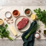 Raw sirloin steak, butter, garlic, Dijon, smoked paprika, lemon, parsley and chives laid out on linen