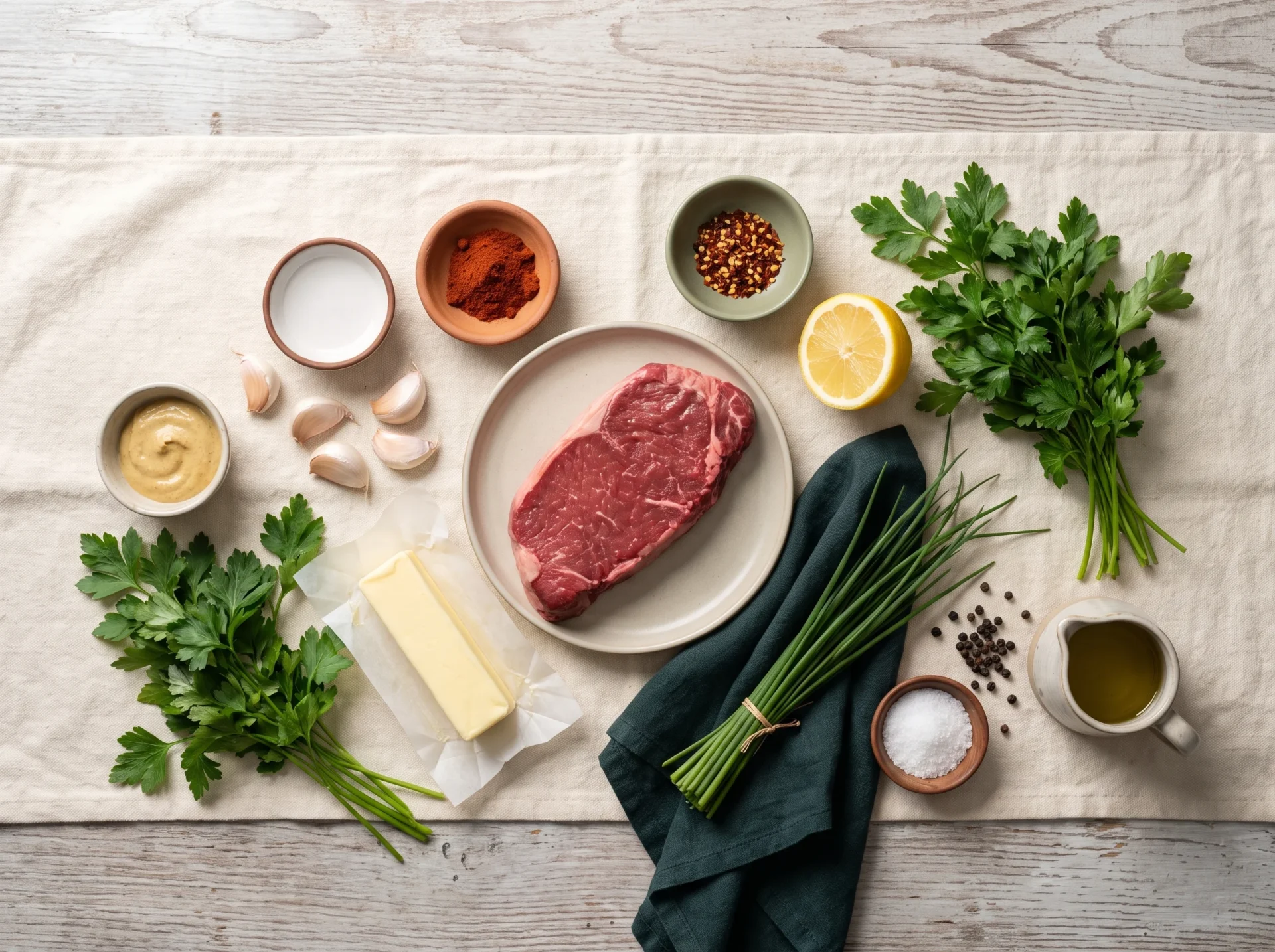 Raw sirloin steak, butter, garlic, Dijon, smoked paprika, lemon, parsley and chives laid out on linen