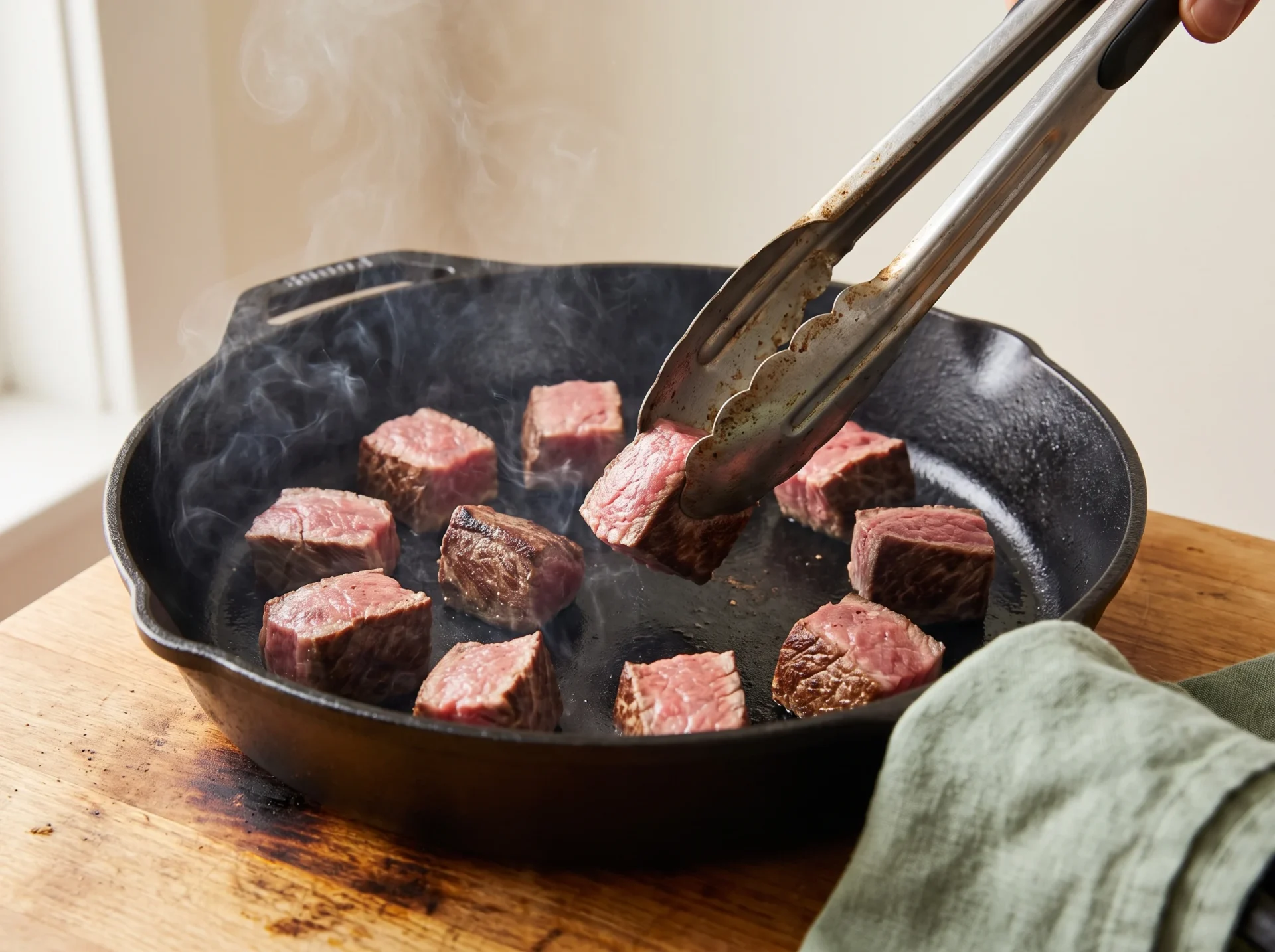 Sirloin cubes searing in a single uncrowded layer in a hot cast iron skillet, tongs turning one cube