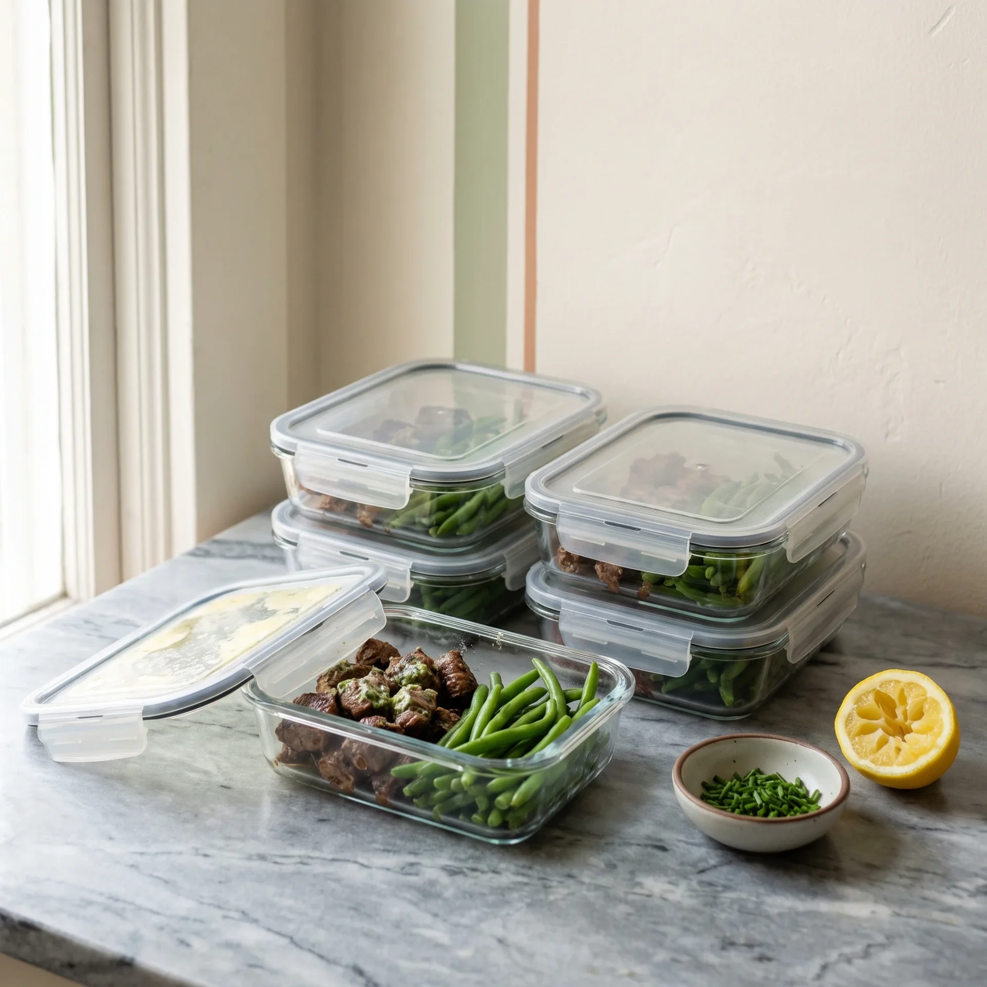 Cooked steak bites and green beans portioned into four glass meal prep containers on a stone counter