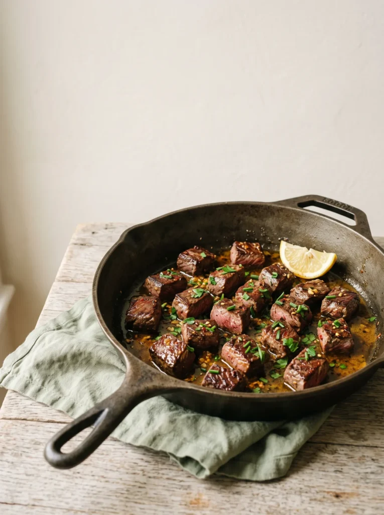 Keto cowboy butter steak bites in a cast iron skillet with melted herb butter, parsley and a lemon wedge