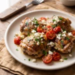 Garlicky greek chicken plated with lemon herb pan sauce and feta