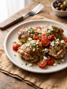 Garlicky greek chicken plated with lemon herb pan sauce and feta