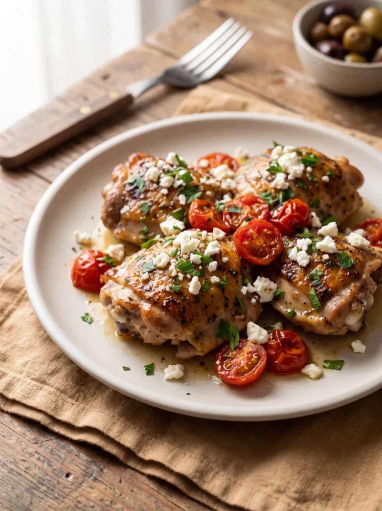 Garlicky greek chicken plated with lemon herb pan sauce and feta