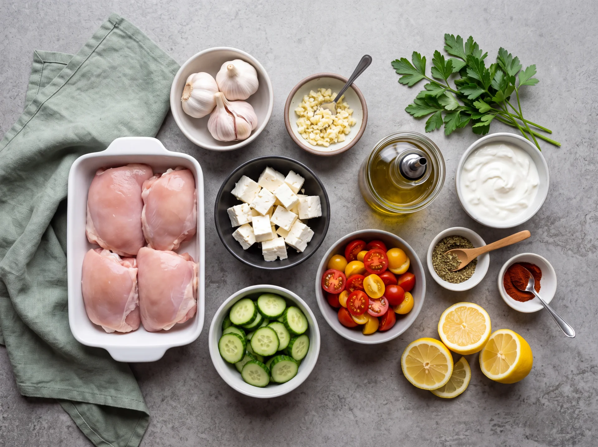Garlicky greek chicken ingredients including chicken, garlic, lemon, herbs, yogurt, and feta